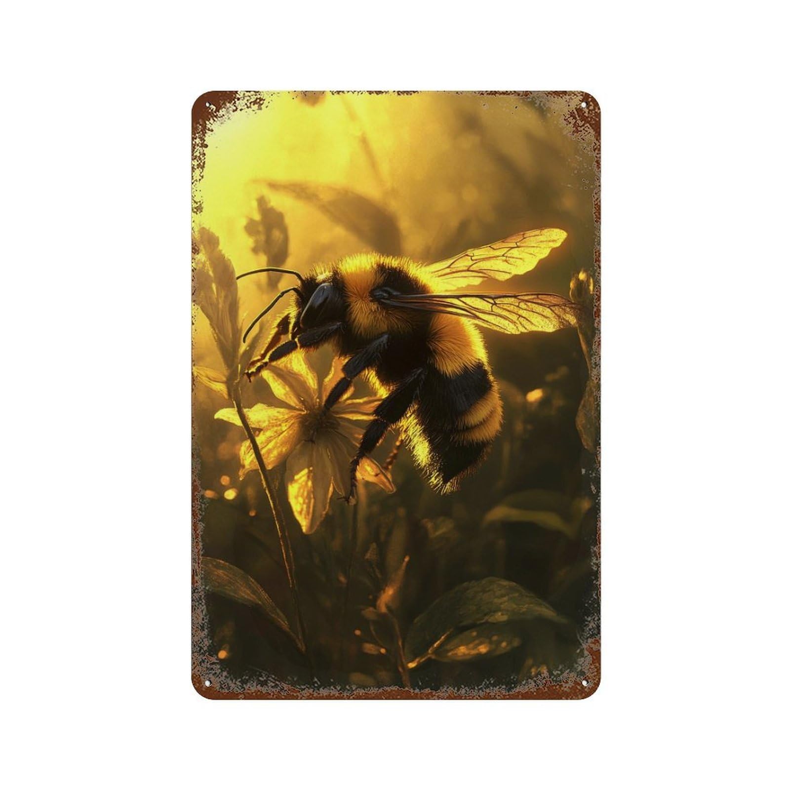 Golden Bee on Flower Distressed Metal Wall Sign 11.8"x7.9", for Basement, Hobby Room And Garage Decor, Shabby Chic Decor