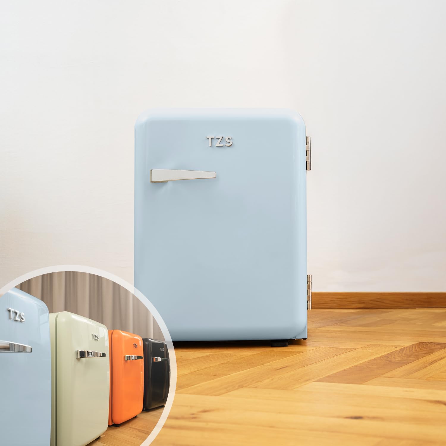 TZS First Austria Minilodówka 40 l | całkowicie bezgłośna | design retro | regulator temperatury | oświetlenie LED | 2 półki na drzwi + 6 elastycznych półek wkładanych