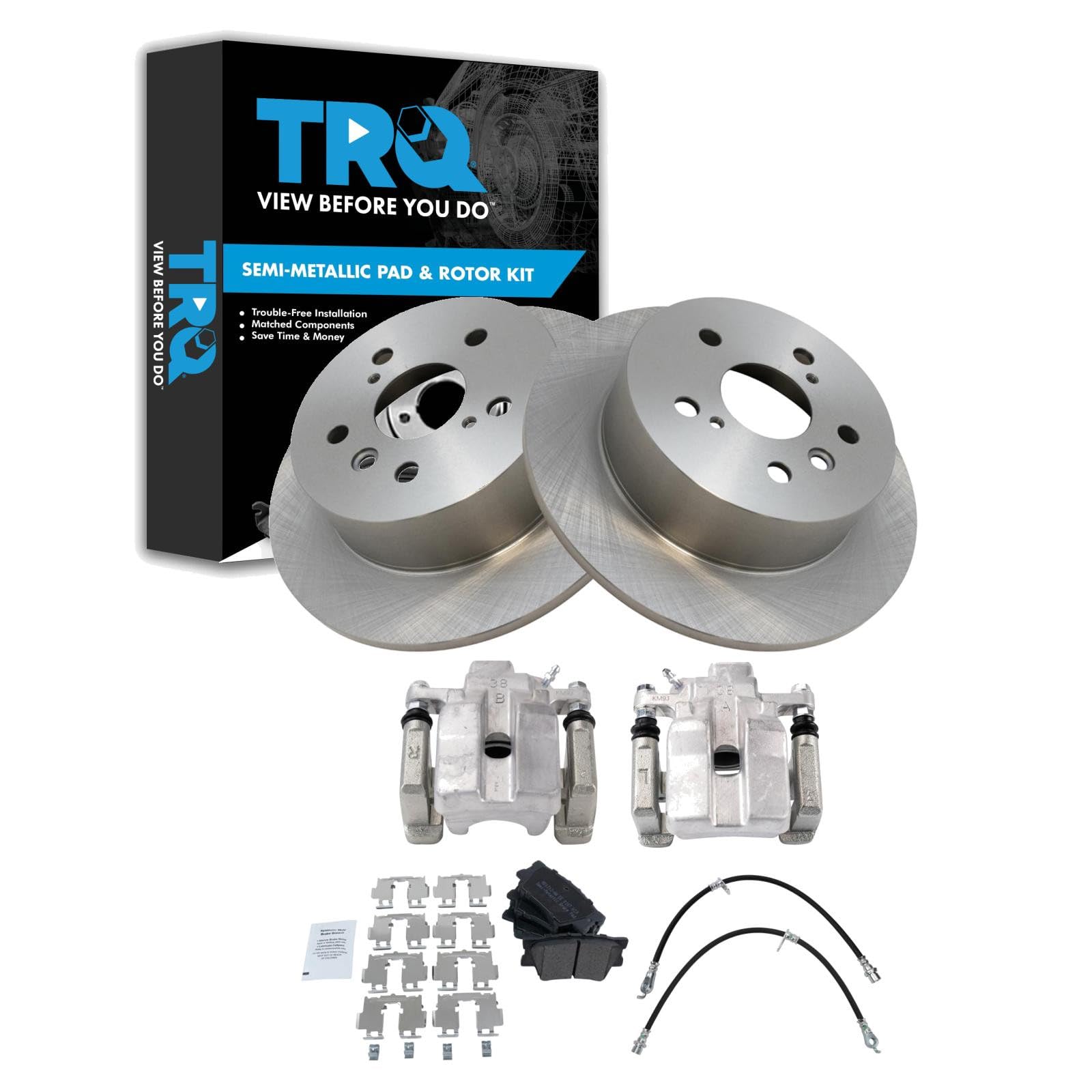 TRQ Rear Brake Pad and Rotor Set Semi Metallic Rotors Calipers Compatible with 2013-2015 Toyota Avalon 2012-2017 Camry