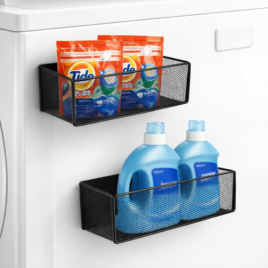 2 Pack Magnetic Shelf for Washing Machine, Laundry Room Organization and Storage accessories, Magnetic Spice Racks for Refrigerator ,Metal Storage Baskets for Laundry ,Kitchen,Room Shelves(Black)