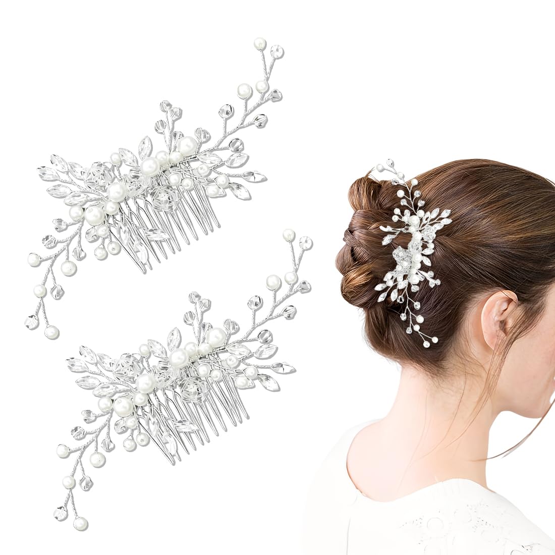 Fermaglio Capelli Sposa Argentato Con Cristalli, 2 Pettini Eleganti Per Matrimonio E Occasioni Speciali, Set Completo Per Donne E Ragazze