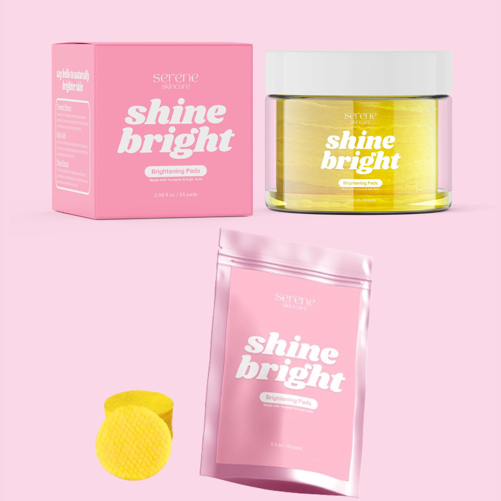 Shine Bright Turmeric Kojic Acid Pads, Serene Turmeric Kojic Acid Cleansing Pads, Turmeric Kojic Acid Pads Facial Sponges for Cleansing and Exfoliating (2Pcs A+B)