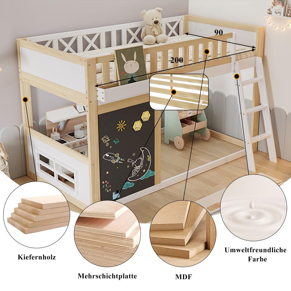 Lit mezzanine 90 x 200 cm, lit enfant avec petit tableau à peindre avec récipient,lit superposé enfant garde-corps de sécurité, espace de rangement réglable individuellement sous le lit, blanc