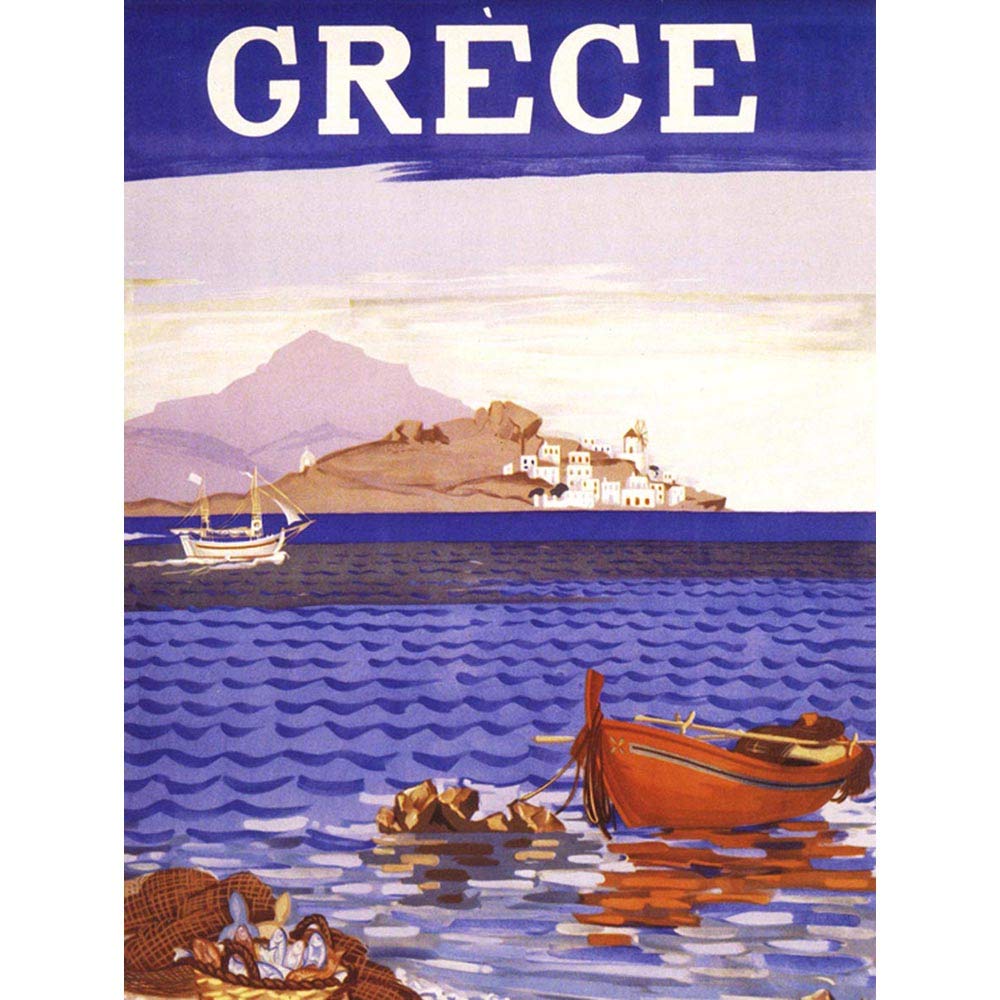 Wee Blue Coo Painting Postcard Grece Greece Greek Coast Ship Sail Art Print Poster Wall Decor 12X16 Inch