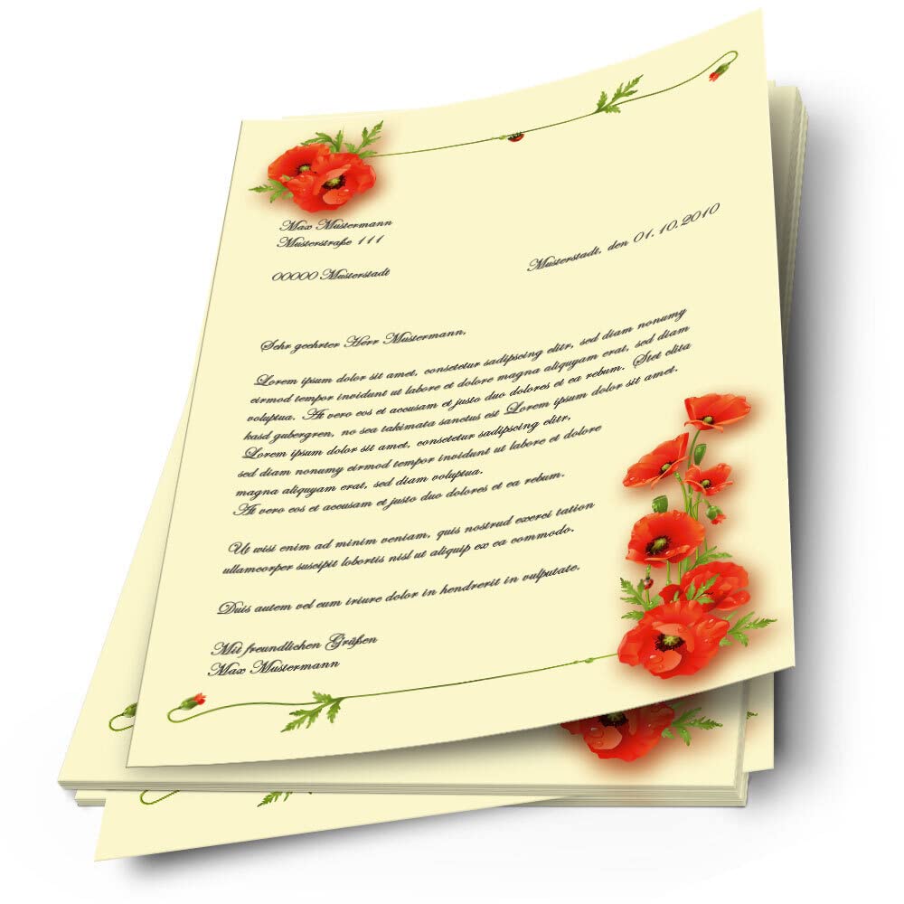 20 Fogli Carta Da Lettera Decorata Fiori Del Papavero A4 90g/m², Stampa Offset, Adatta Per Getto D'Inchiostro E Laser, Retro Bianco