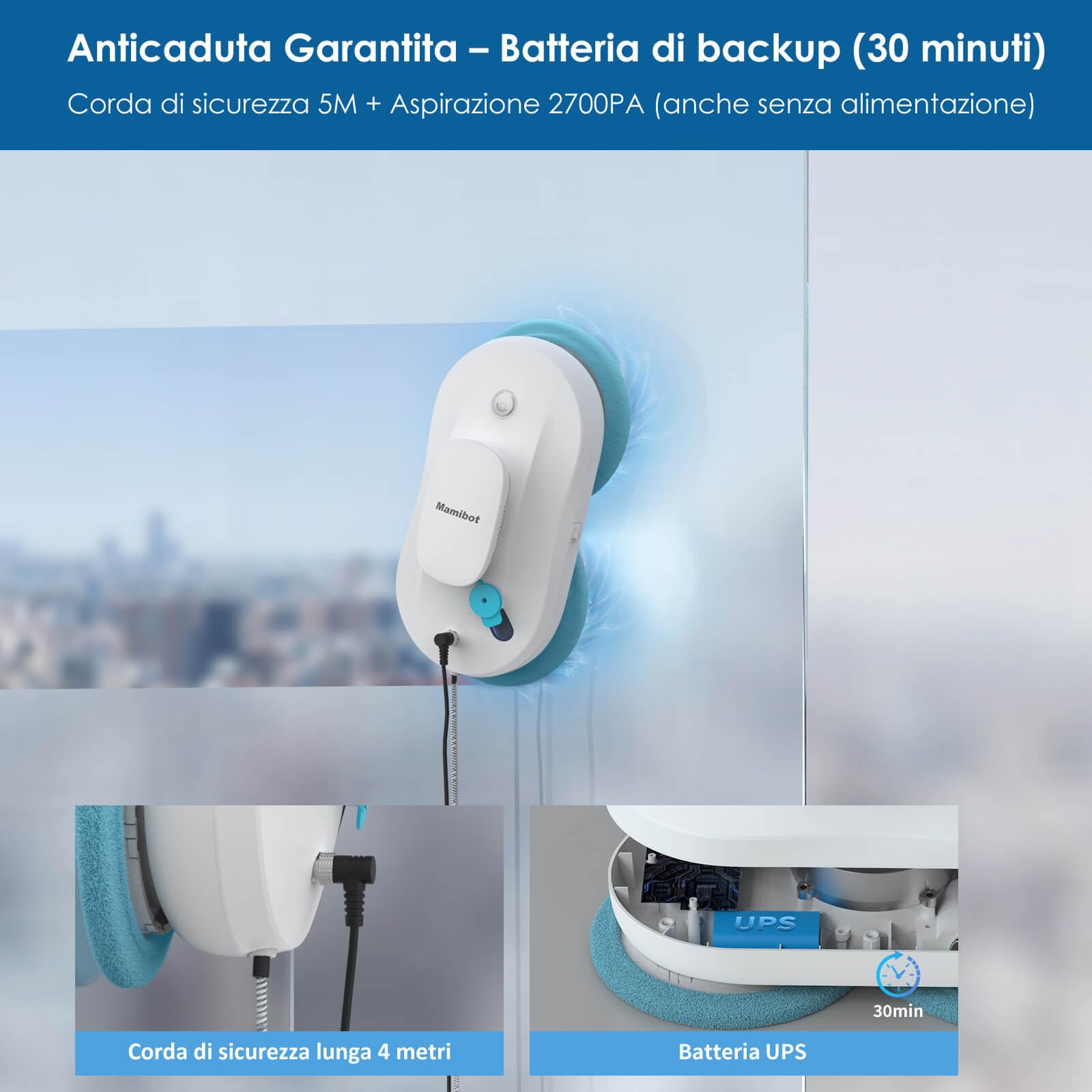 Mamibot W110-P - Robot di pulizia per finestre, automatico e intelligente, anti-goccia, con app e telecomando, per vetro, piastrelle, 12 panni (Bianco)