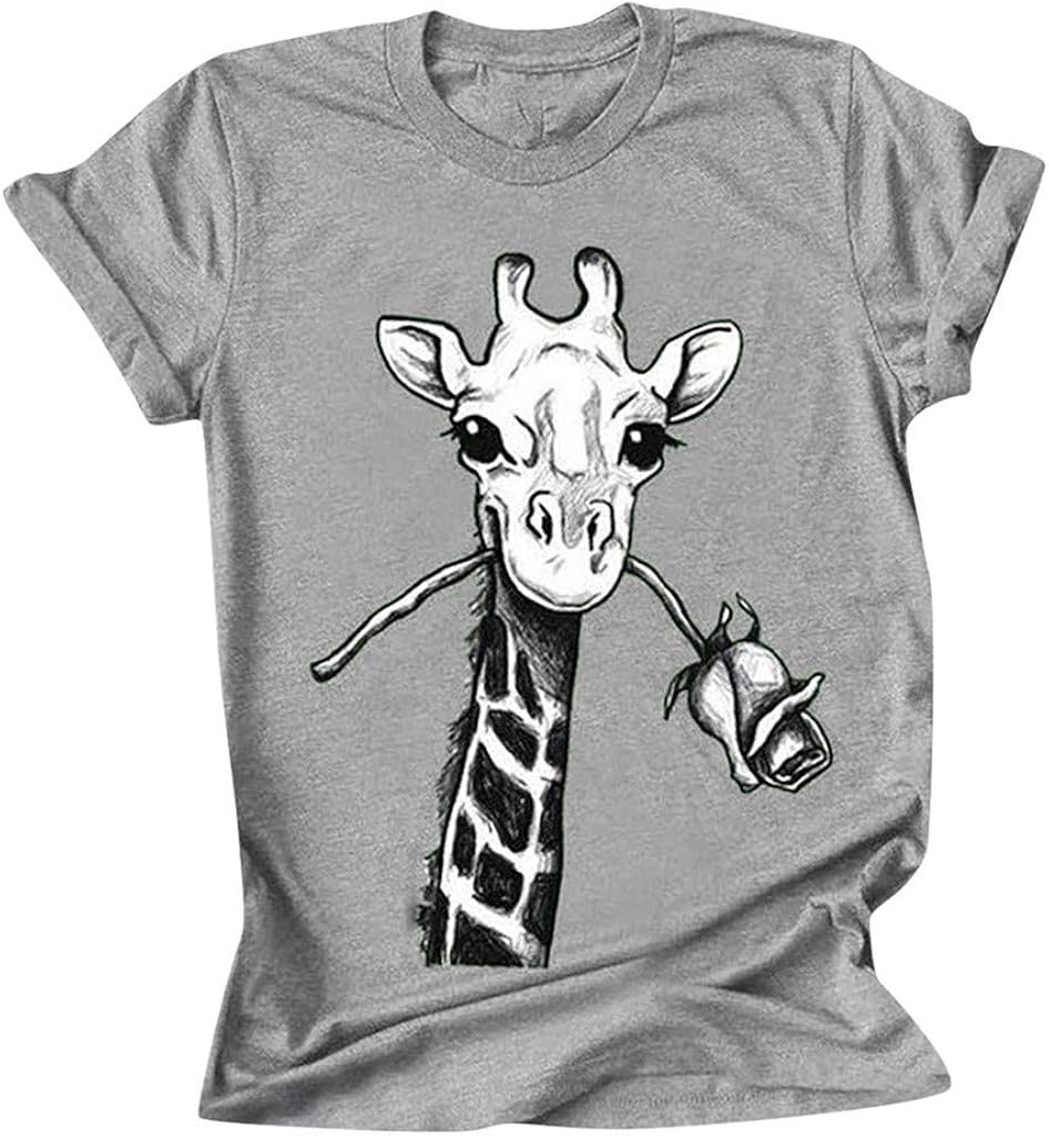 Oversized T Shirt for Women Crewneck Short Sleeve Blouse Summer Cute Giraffe Pattern Print Tops Shirts