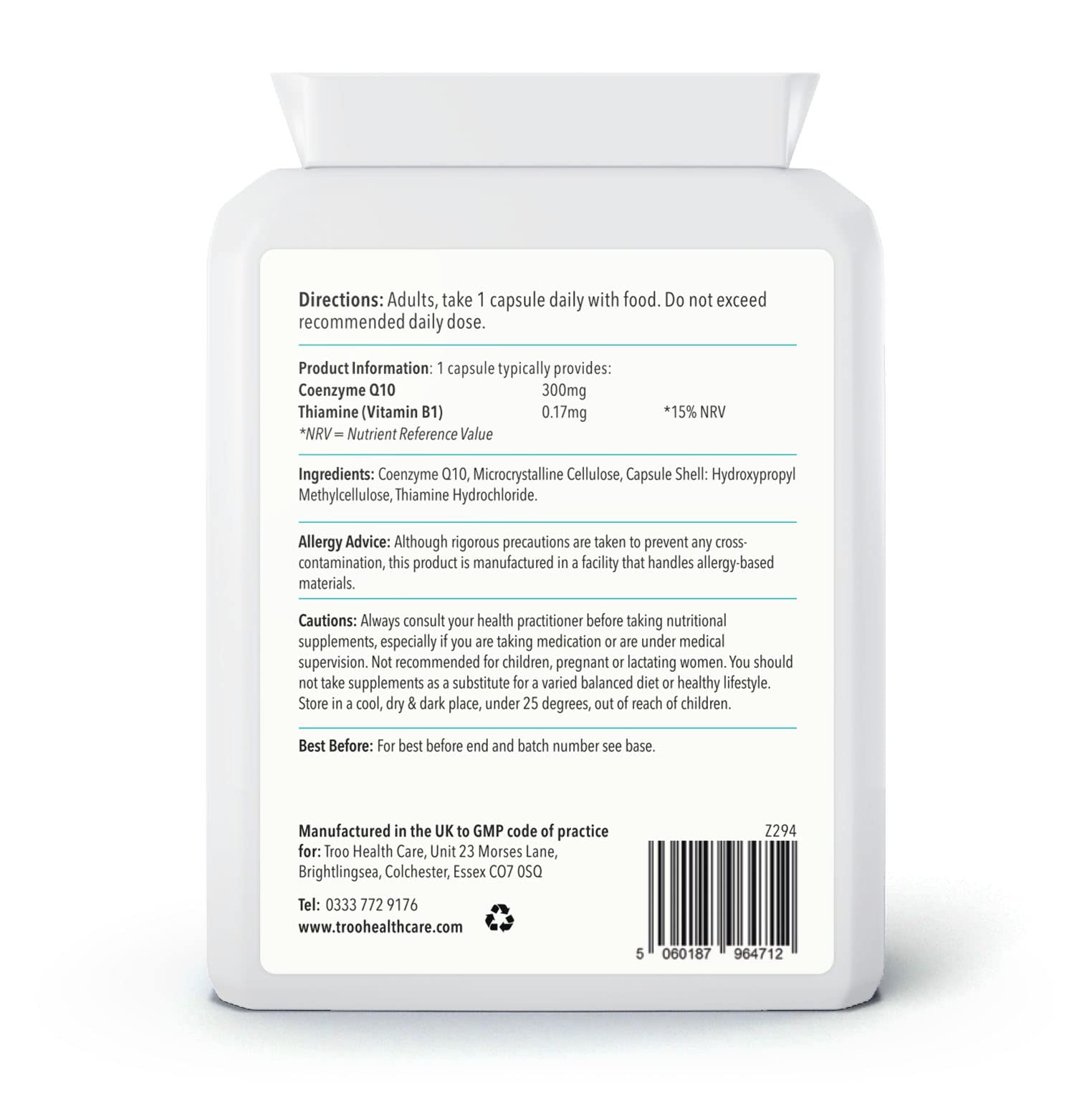 Troo Health CoQ10 Supplement 300mg Plus - 60 Capsules - High Strength Trans Form Co Enzyme Q10 Enhanced with Vitamin B1 to Support Healthy Heart Function & Energy Metabolism - 2 Month Supply – UK Made