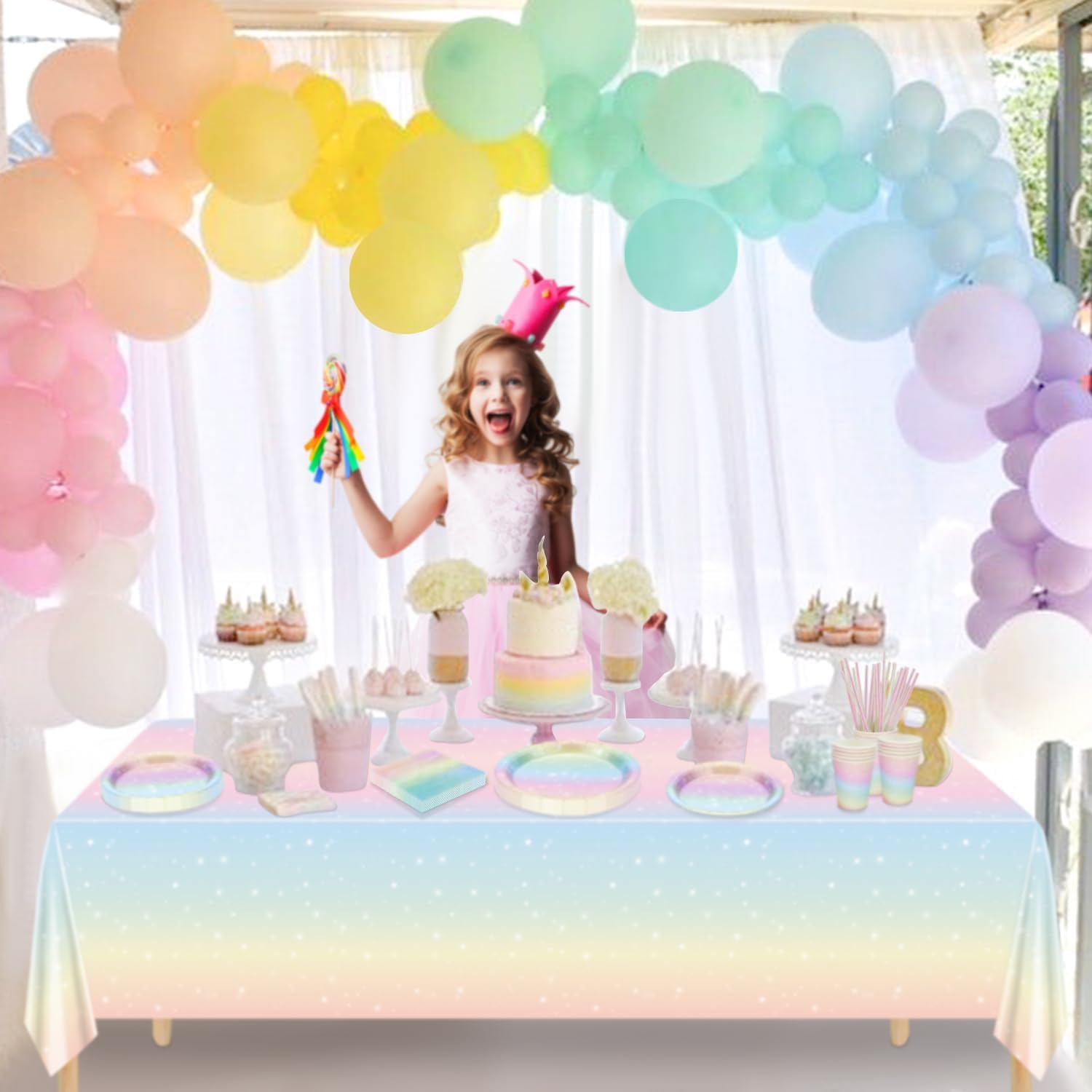 Decorazioni per feste arcobaleno pastello, striscione di buon compleanno, tovaglia, piatti di carta, tovaglioli, tazze per baby shower, per 20 ospiti