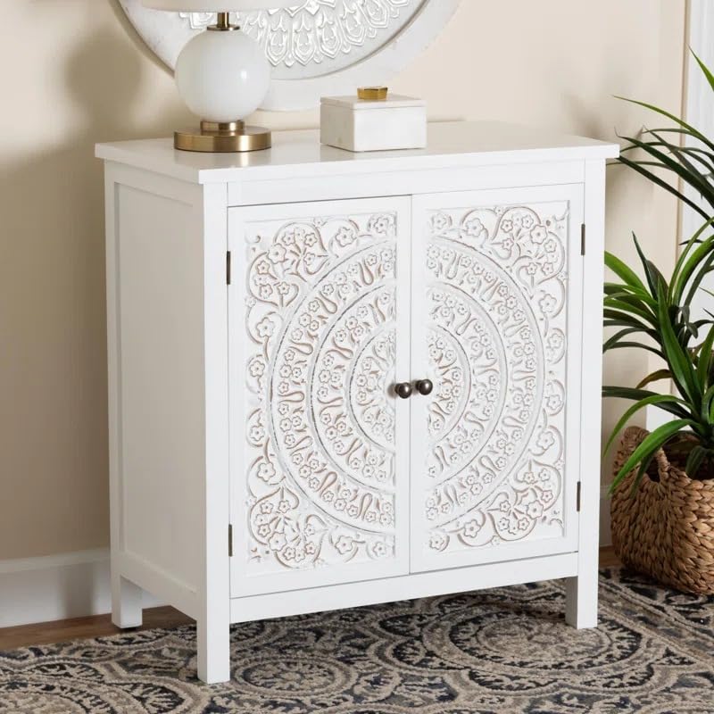 Image of Handicraft Accent Cabinet for Living Room, Mango Wood & Engineered Wood Storage Cabinet, Carved Design, Multiple Styles, 30 x 15 x 30 inches (HOB-Design-3)