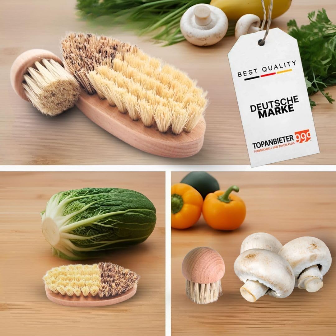 Juego de 2 cepillos para verduras y champiñones de madera de haya, cepillos de limpieza sostenibles para verduras y hongos, robustos, duraderos y respetuosos con el medio ambiente
