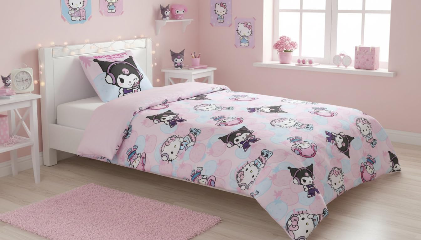 Hello Kitty Kuromi Copripiumino Singolo 140x200 + Federa 65x65 Misto Rosa | Set lenzuola reversibile | Misto cotone asciugatura rapida | Hello Kitty & Friends Sanrio | Bambine | Regalo | Idea regalo