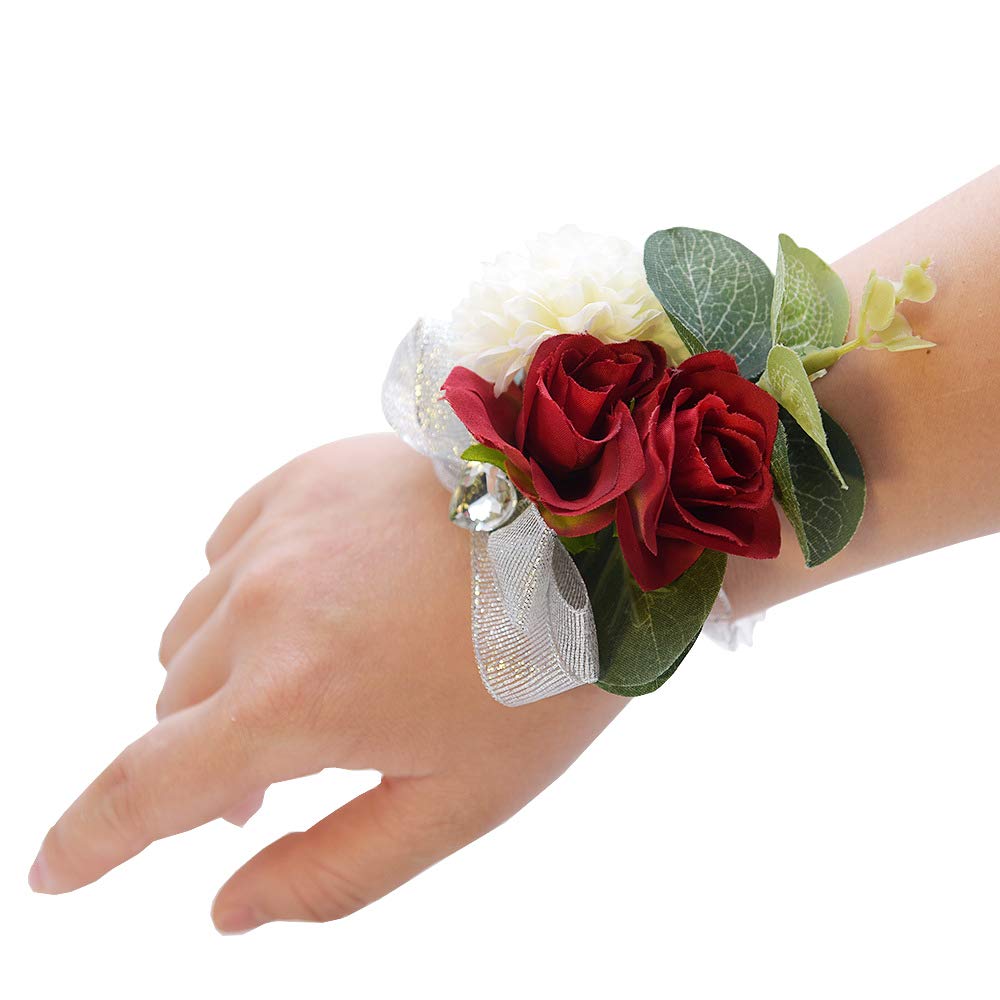 Shiwaki 2 x Wedding Supplies for Girl Bridesmaid Wrist Flowers Prom Party Wrist Flowers Wedding Decoration Gifts (Red)