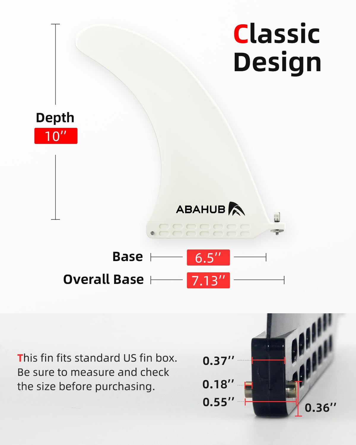 Abahub 10'' SUP Single Center Fin with 1 No Tool Fin Screw, Fiberglass Reinforeced 10 inch SUP Replacement Fins for Surfing, Surfboard, Stand-up Paddle Board, Longboard, White