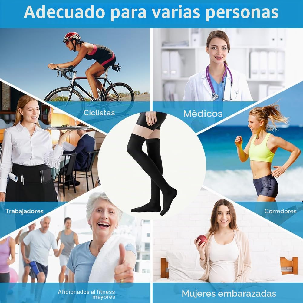 Medias de Compresión mujer hombre, Hasta el Muslo 23-32 mmHg, Soporte Graduado Médicas de Compresión de Punta Cerrada para Varices, Edemas, Vuelos, Deporte