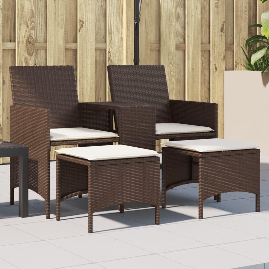 Divano da giardino a 2 posti, marrone, in polyrattan, con tavolo e sgabelli, resistente alle intemperie, per balcone, terrazza, esterni, con comode imbottiture e rivestimento rimovibile