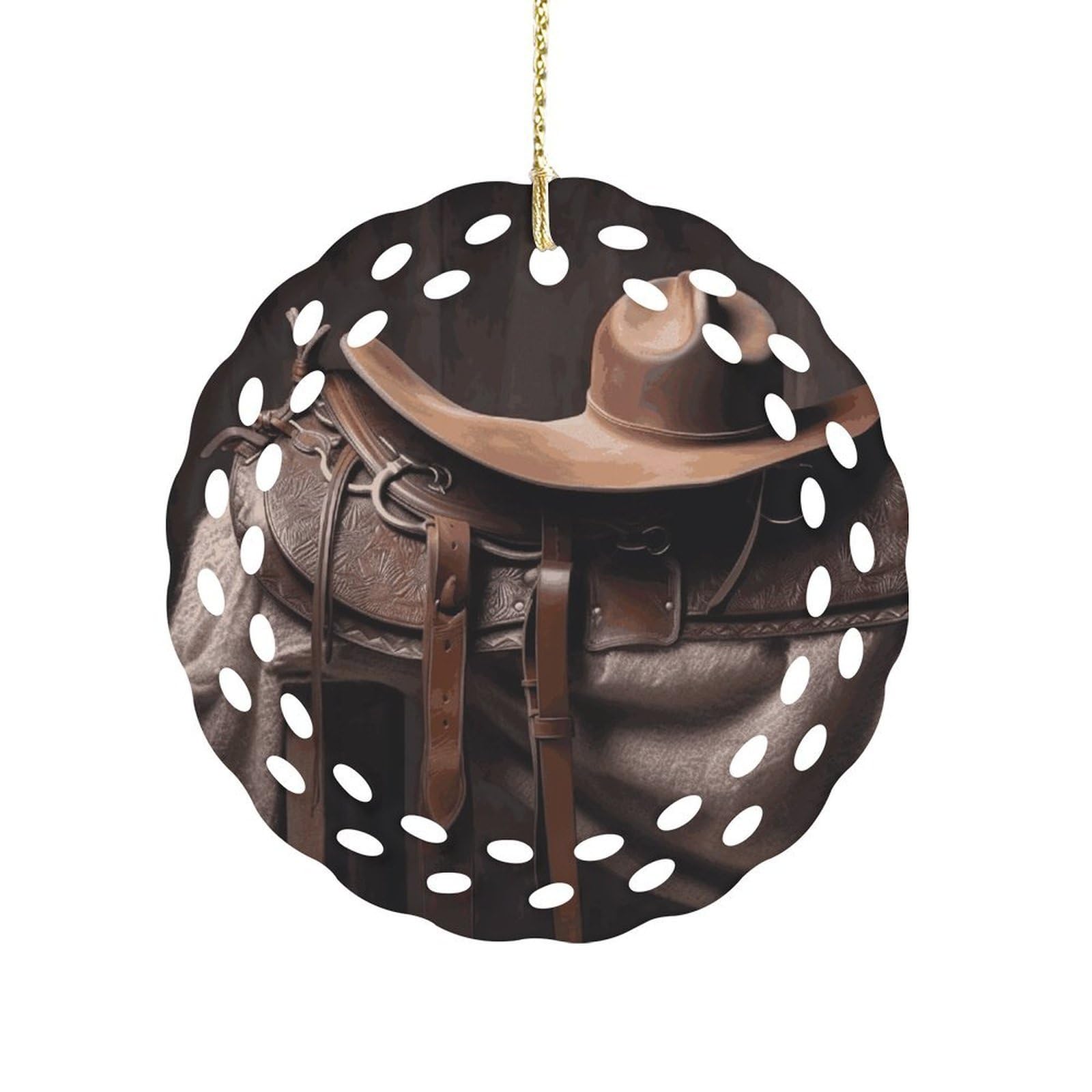Btcowzrv Style Horse Saddle With A Cowboy Hat Wild Ceramic Ornament,Round Ornaments With Hole Easy To Hang,Hanging Ornament For Wedding Party Home Window Garden Christmas Day Decor