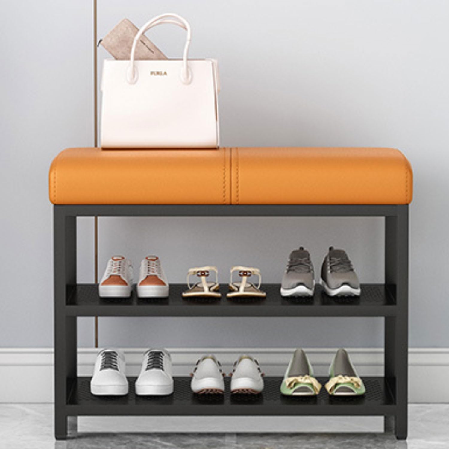 SXZenSpace Shoe Changing Bench Entrance with Upholstered, Bedside Bench, Sofa 2-Tier Metal Rack Suitable for Closet Hallway Doorway Living Room