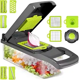 Cortador e Ralador de Legumes 12 em 1 com Lâminas Inox e Recipiente Multifuncional Profissional com Potes - Para Legumes, Frutas e Verduras etc.