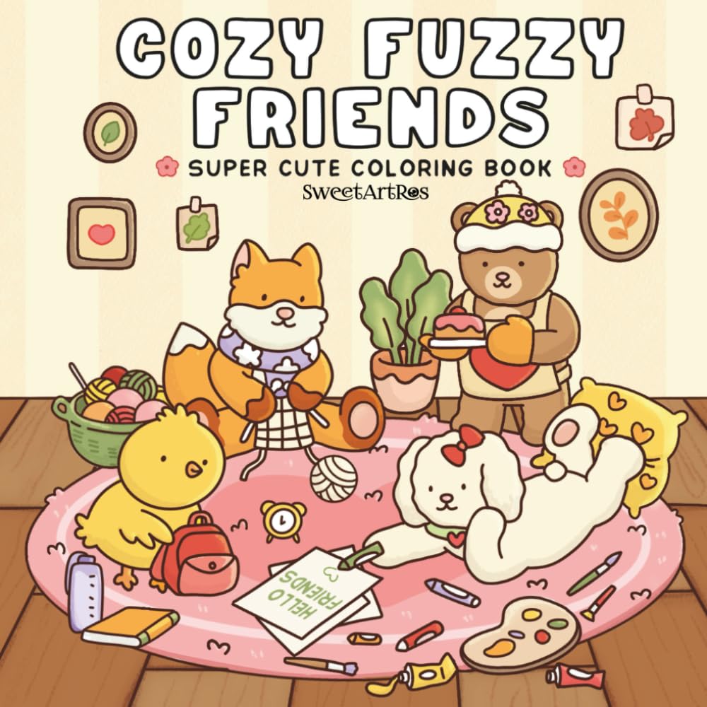 Cozy Fuzzy Friends: Coloring Book for Adults & Teens Featuring Super Cute Animal Characters in Hygge Inspired Scenes for Relaxation and Stress Relief.