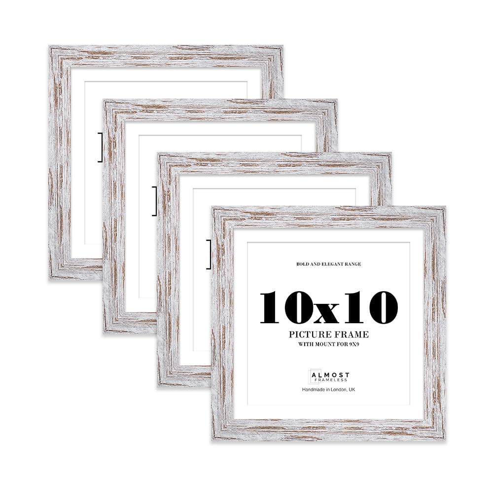 10x10" Distressed Wood Square Frame With Mount for 9x9" Pictures 28mm Edge Frame Display with Wall Hooks and Kickstand, 4 Pack