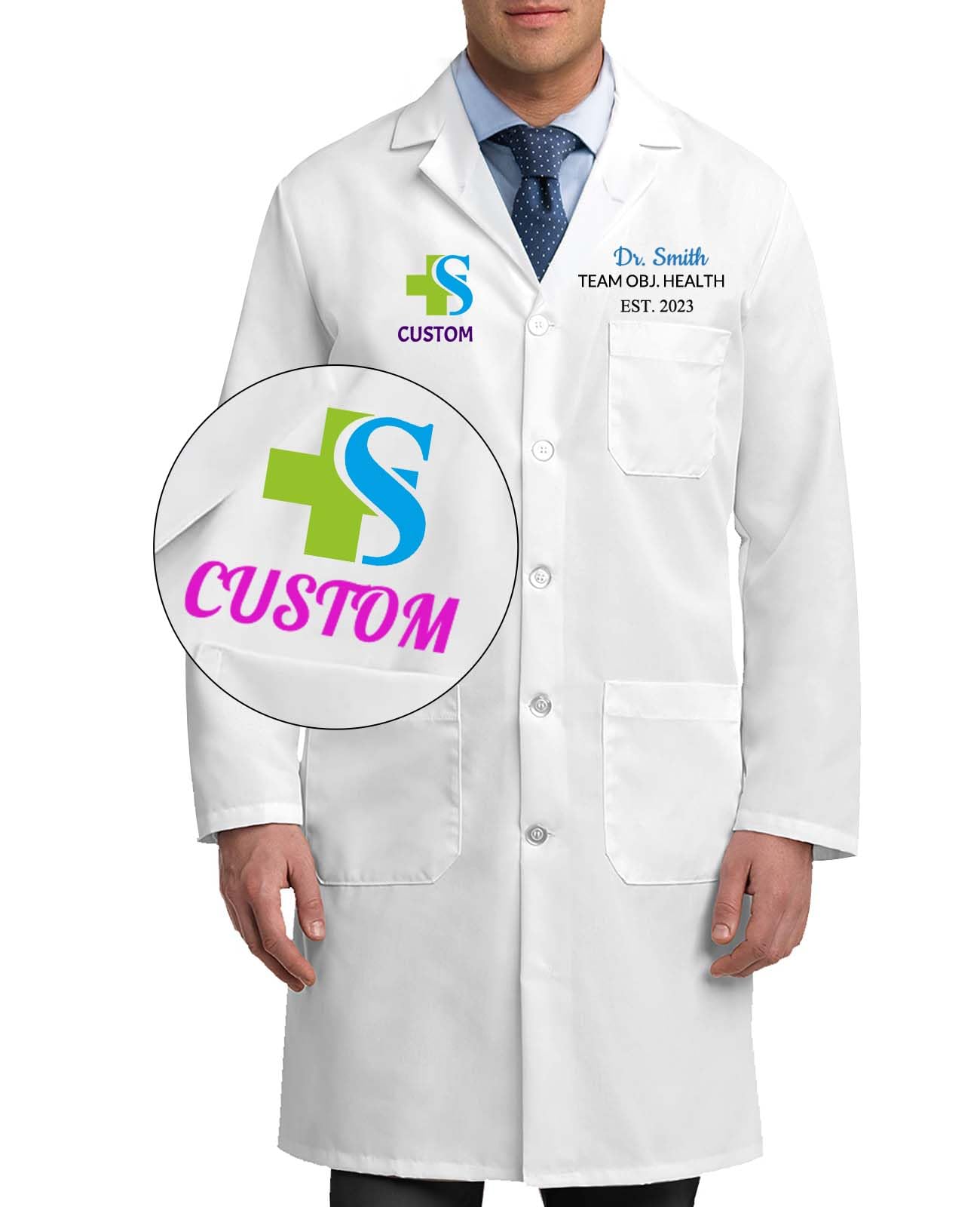 Personalized Lab Coat with Logo Name Custom Medical Coats Jacket Men Women White Long Chemistry Scrubs for Doctor Halloween,L