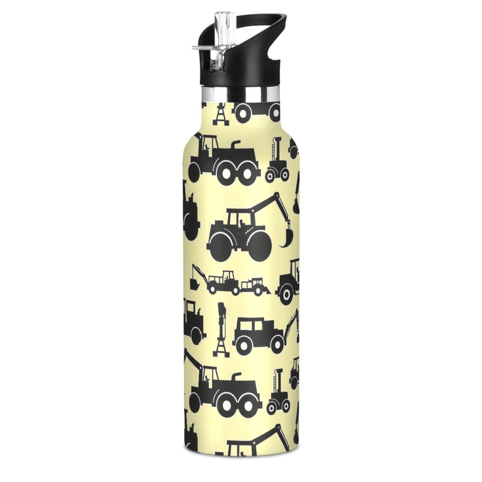 Construction Vehicle Black Yellow BPA-Free Leak Proof Kids Water Bottle With Straws Leak-proof Double Wall Vacuum for Gym