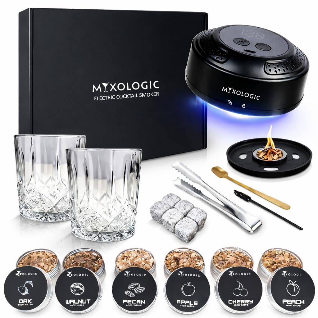 Mixologic Men's Black Electric Whiskey Smoker Kit With 2 Glasses, Old Fashioned Cocktail Smoking Kit With Wood Chips & Led Light, Drink Smoker - Dad, Husband, Gift, Bourbon & Whisky Lovers