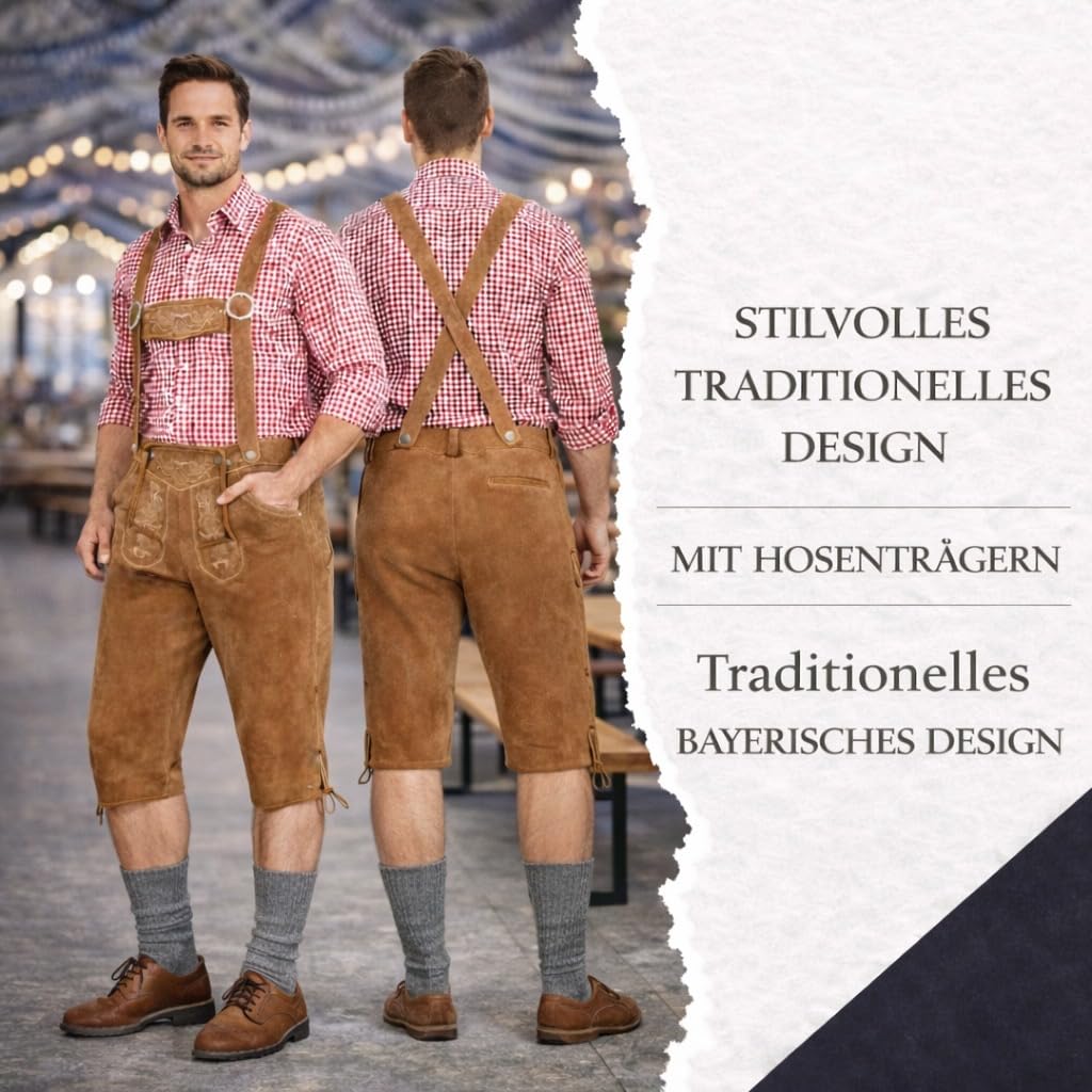 Premium Leder-Kniebundhose für Herren - Gr.46-60 -Trachten Lederhose mit Träger für Männer - Oktoberfest Hose Lederhose mit Träger