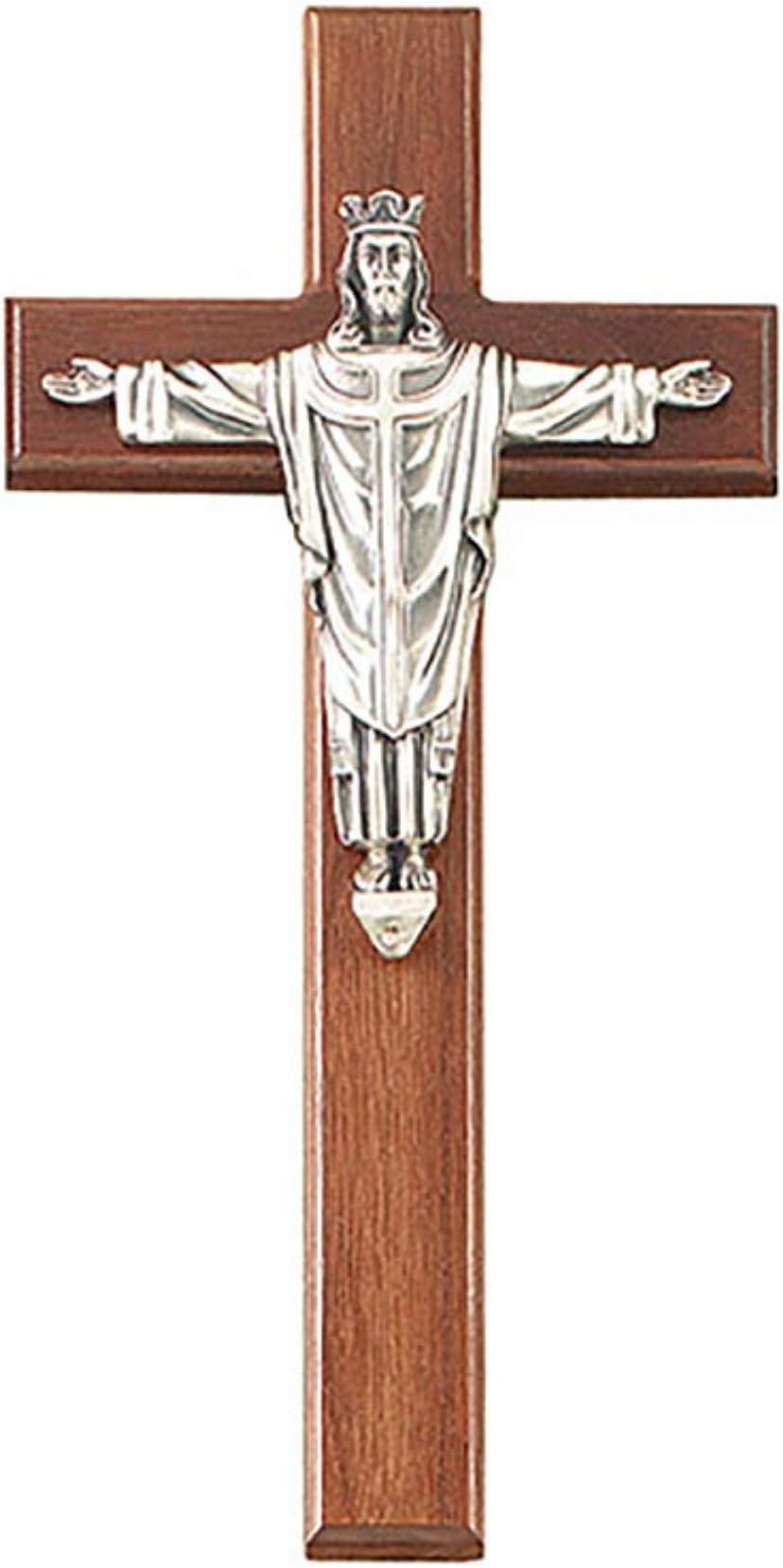 Walnut Wood Cross Crucifix with Pewter the King Jesus Christ Corpus, 12 Inch