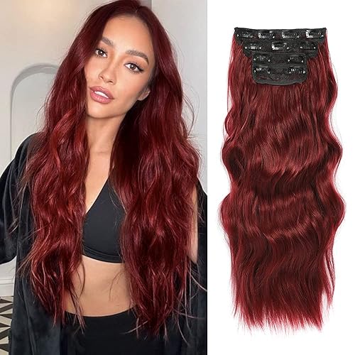 Extensiones de cabello con clip de 20 pulgadas, extensiones de cabello rojo, extensiones de cabello sintético grueso para mujer (rojo)