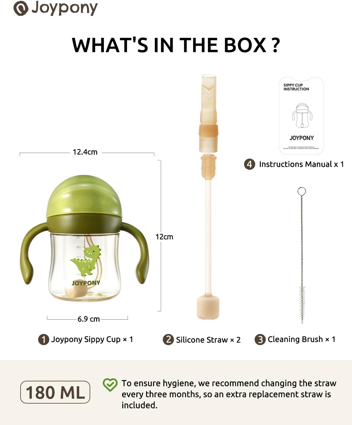 Baby Sippy Cups 6-12 Months, Spill Proof Weighted Straw Cup with Handle for Toddlers 1-3, 2 Silicone Straws, PPSU, BPA Free, 6 oz (Green) - Image 6