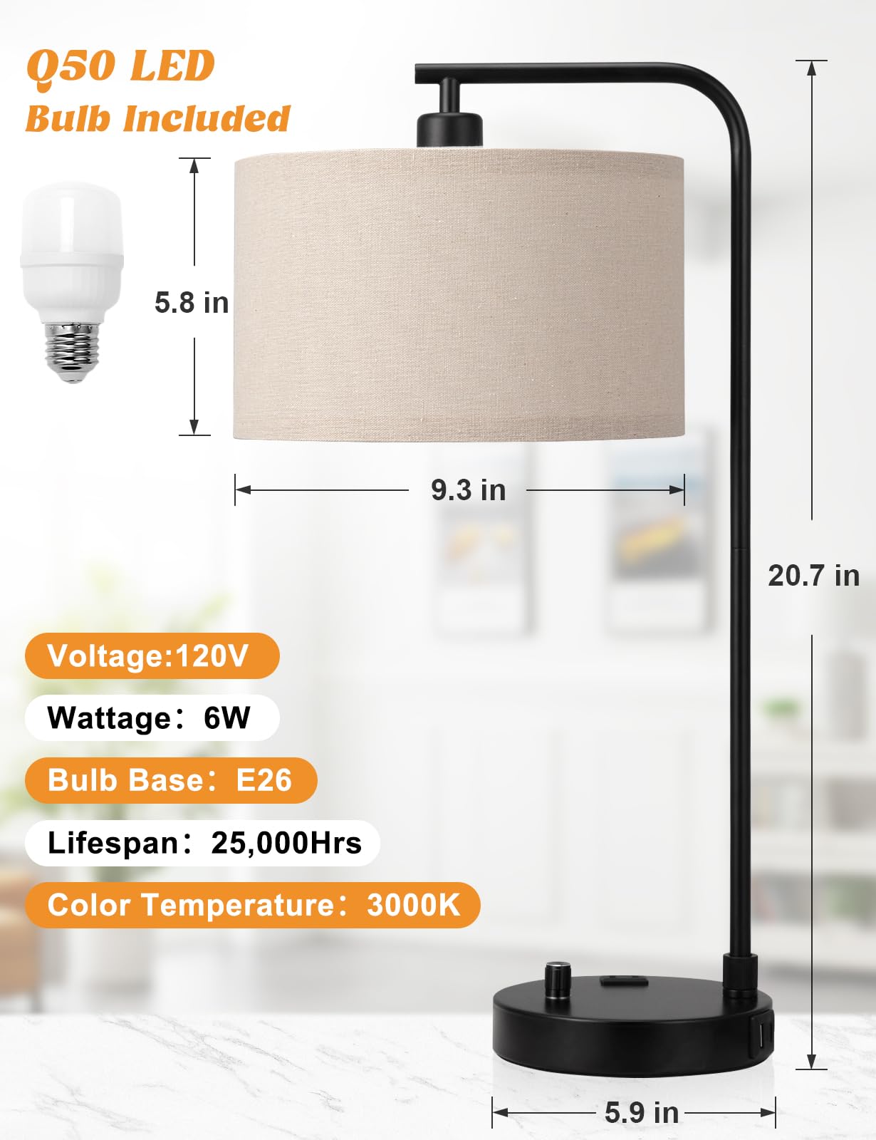 Lámpara de mesa alta con puerto USB y tomacorriente, lámpara de noche regulable con pantalla de lino, lámpara de escritorio para dormitorio, sala de estar, habitación de invitados, oficina en casa