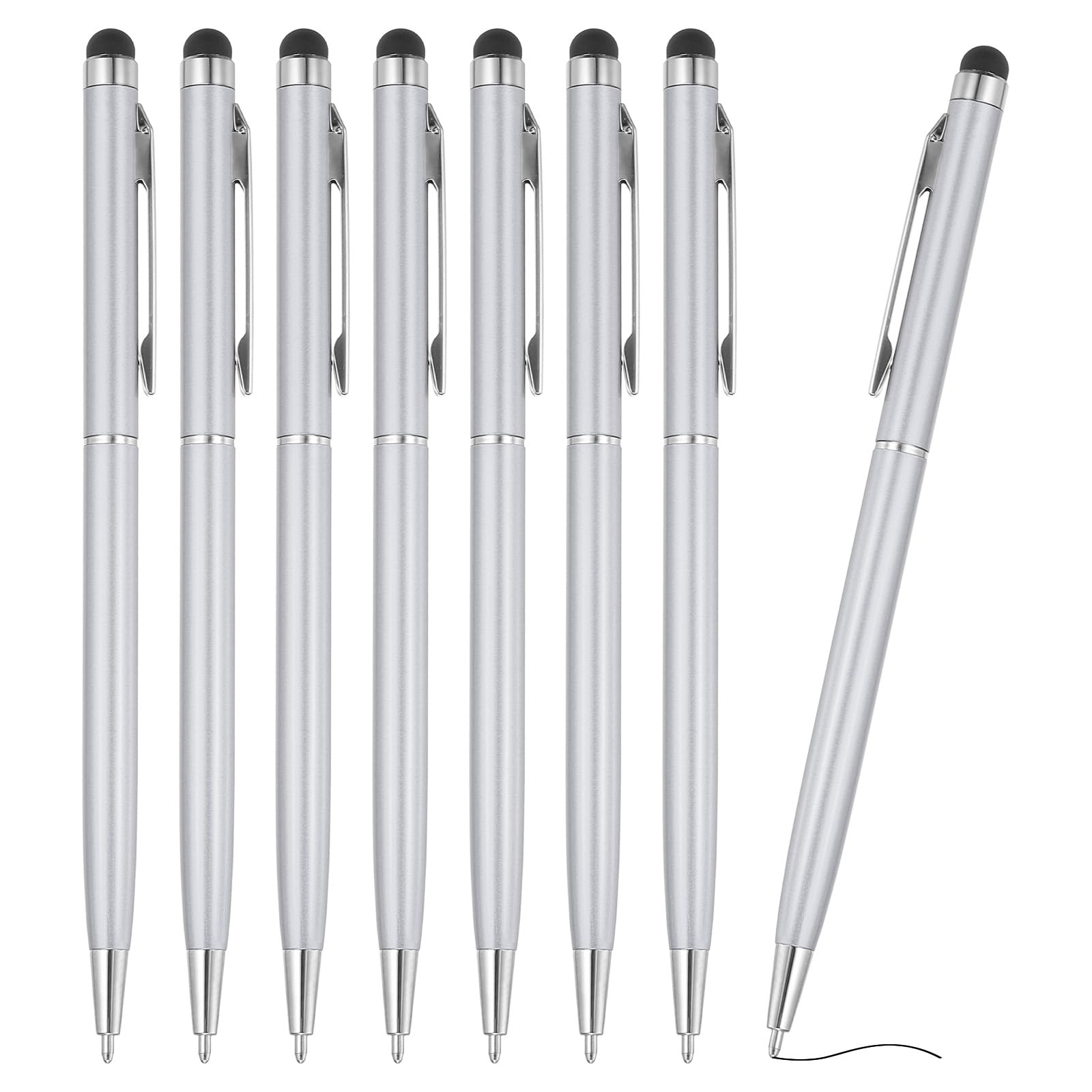 PATIKIL Ballpoint Pen with Stylus Tip, 8Pcs 2 in 1 Slim Metal Black Ink 1.0mm Medium Point Stylus Pen for Touch Screens Office Desk, Silver