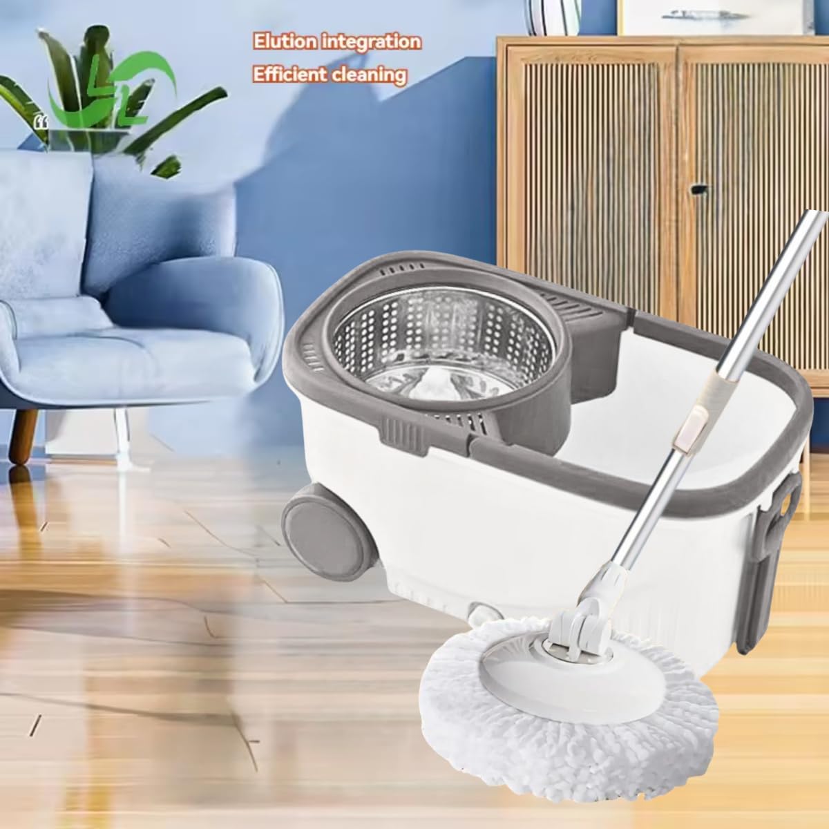 Juego de cubo giratorio para fregona con cabezales, cabezales secos giratorios de microfibra, mopa giratoria desmontable, cesta escurridora de acero inoxidable