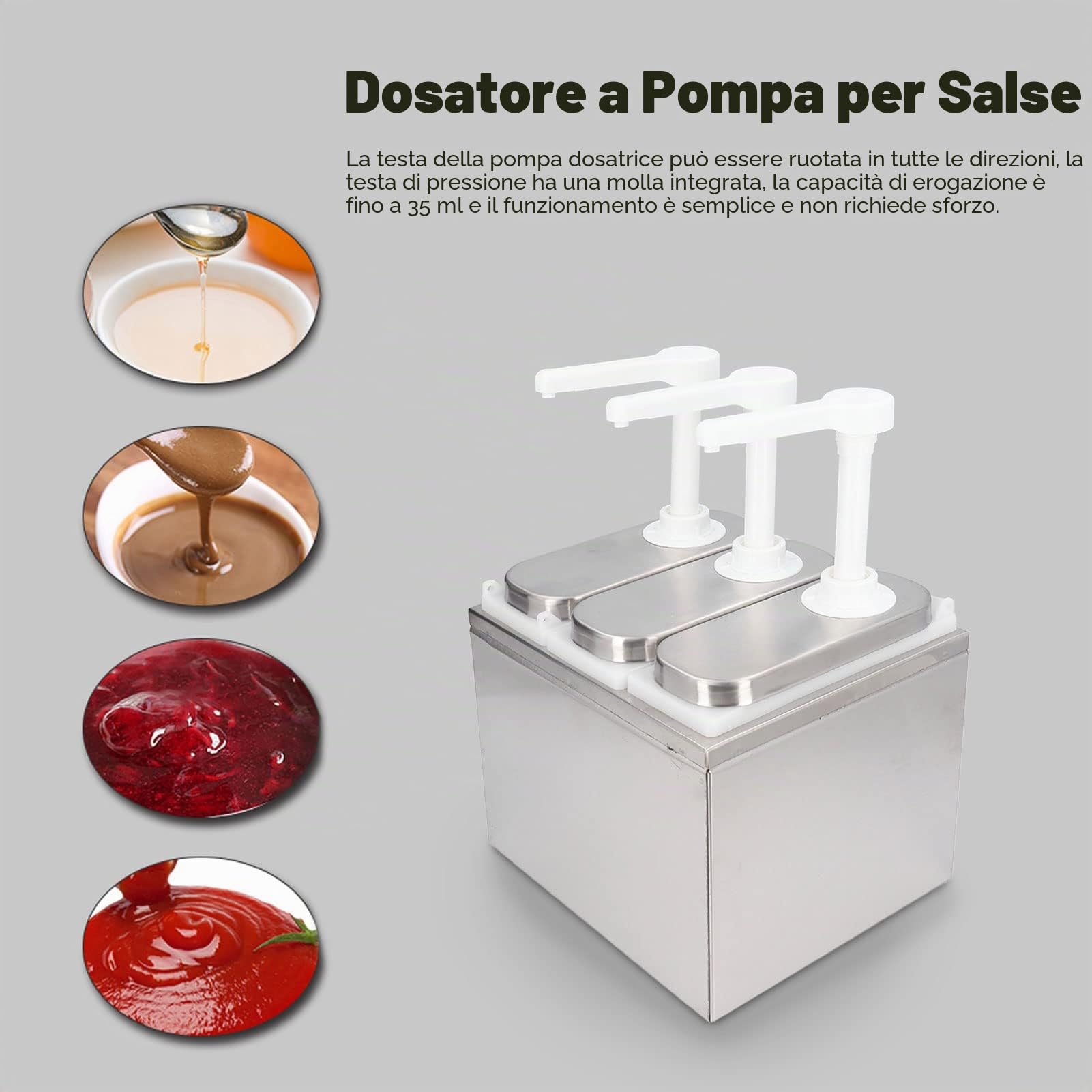 Dispenser Condimento Acciaio Inossidabile 1L per Marmellata Insalata con 3 Pompe