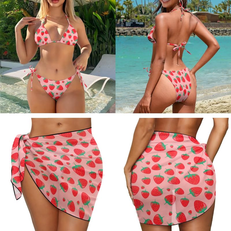 Irisjudy Women's Hawaii Flowers 3 Piece Swimsuits Bathing Suit Sarongs Coverup, Halter Bikini Set with Beach Skirt Cover Up3