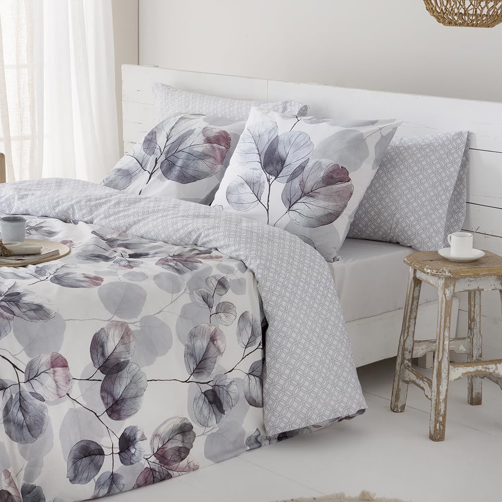 COTTON ARTean Funda Nórdica Cama 135 satén algodón 200 Hilos Lorna Gris | Incluye 2 piezas: F. Edredón 220x220 + 1 F.de Almohada Cierre Botones. Certificado OEKO-TEX