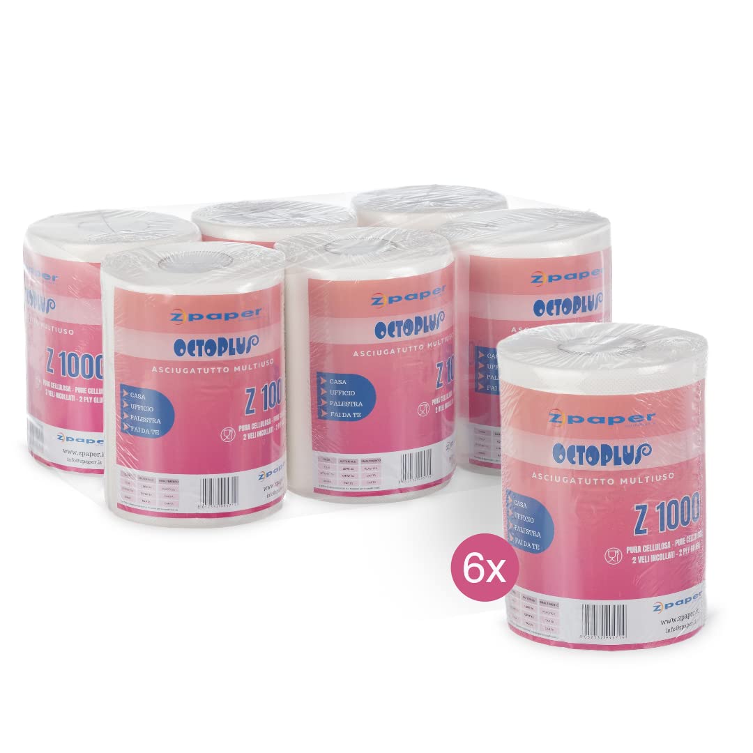 ZPAPER - 6 Rotoli Asciugatutto - Rotoloni Asciugatutto carta multiuso. Pura Cellulosa, 2 Veli, Anima a Spirale. Bobine carta asciugatutto