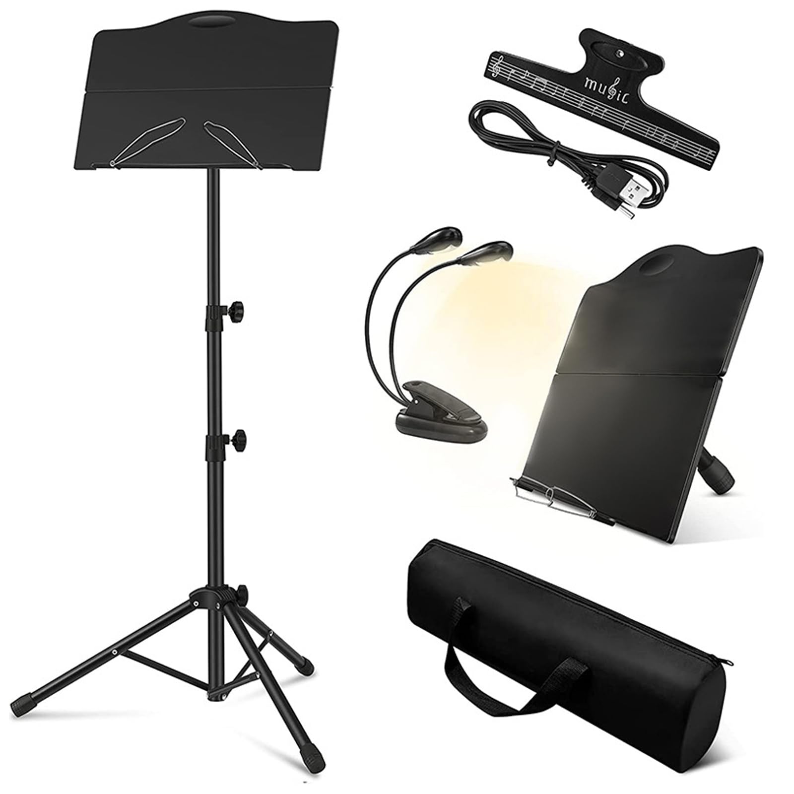 Atril Portátil para Partituras, con Funda Y Luz, con Bandeja Plegable, Estable, Altura Ajustable, Capacidad De Carga De 4 Kg, para Interpretaciones Instrumentales, Bandas Y,