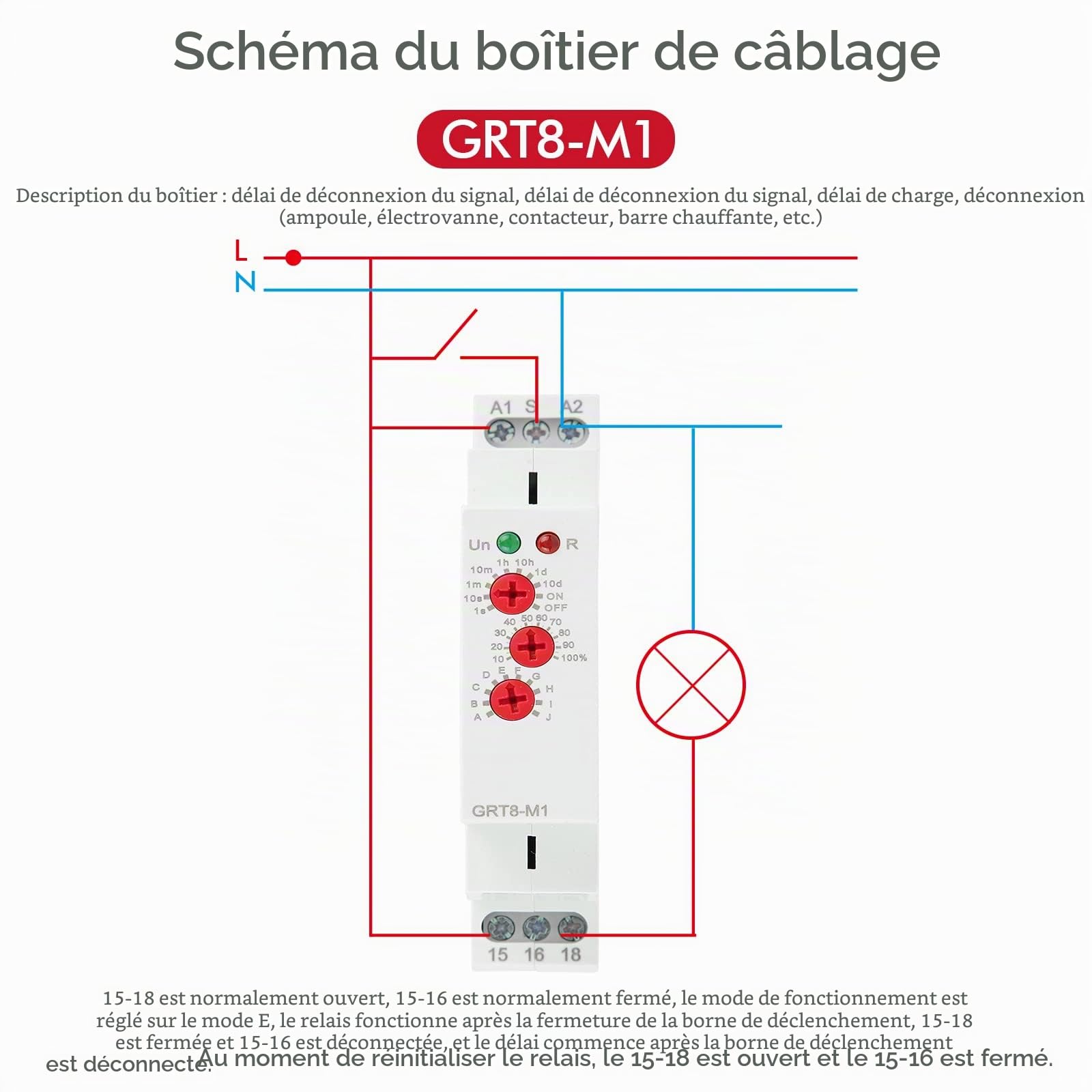 Relais temporisé GRT8-M1 Relais temporisé multifonctionnel avec 10 fonctions Montage sur rail DIN pour équipement industriel contrôle d'éclairage moteur (AC 230V)