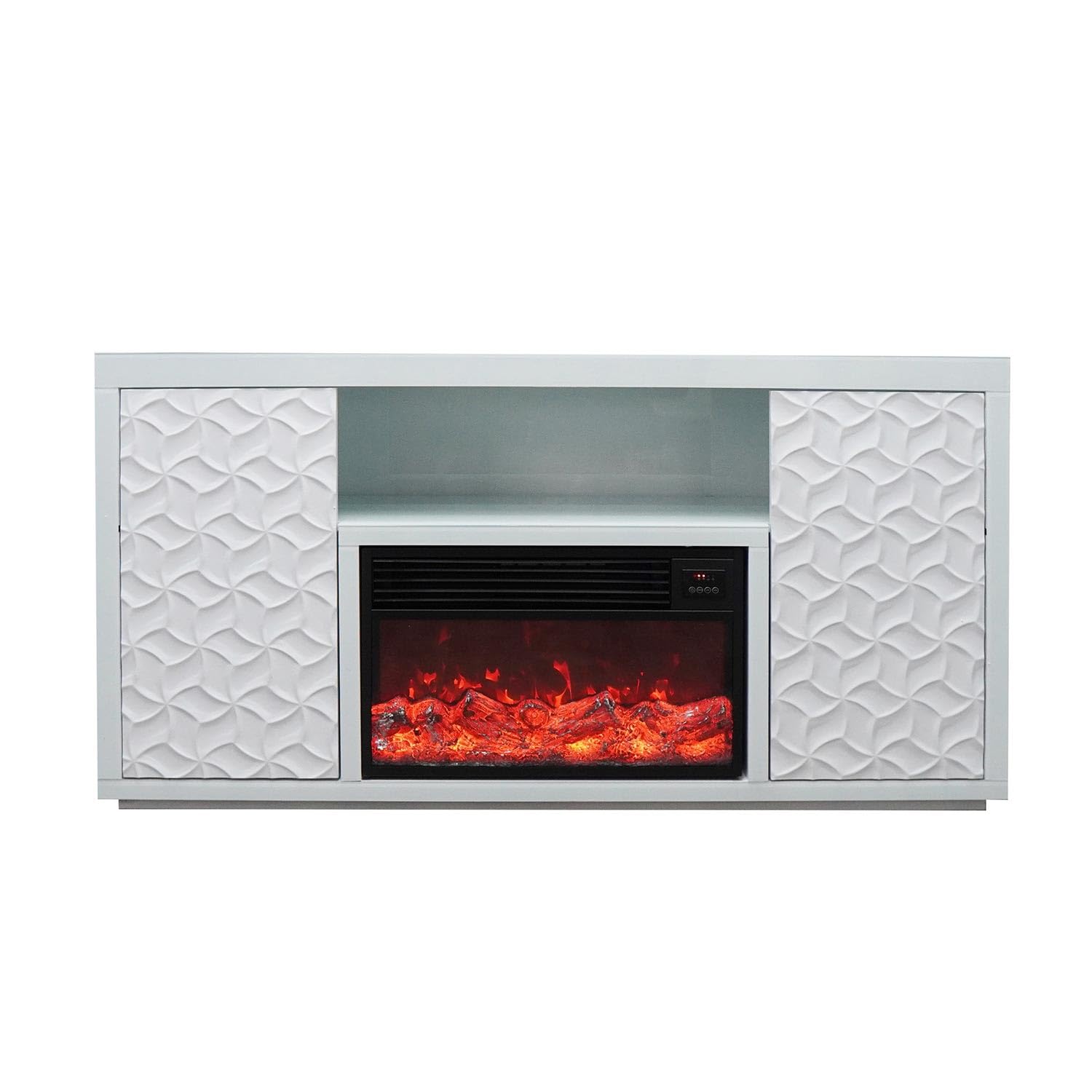 White Electric Fireplace with LED Panel, Speakers, and Remote