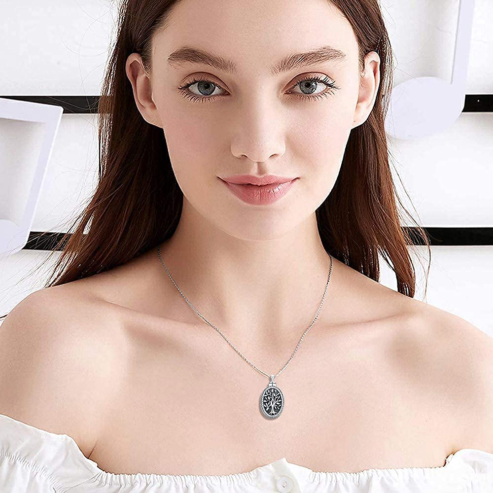 Naszyjniki z motywem drzewa życia, urna, naszyjnik, srebro wysokiej próby 925, biżuteria kremacyjna, amulet, pamiątka, medalion "Forever in my heart", wisiorek z zestawem do napełniania i pudełkiem upominkowym, łańcuszek 45 cm, Srebro szterlingowe