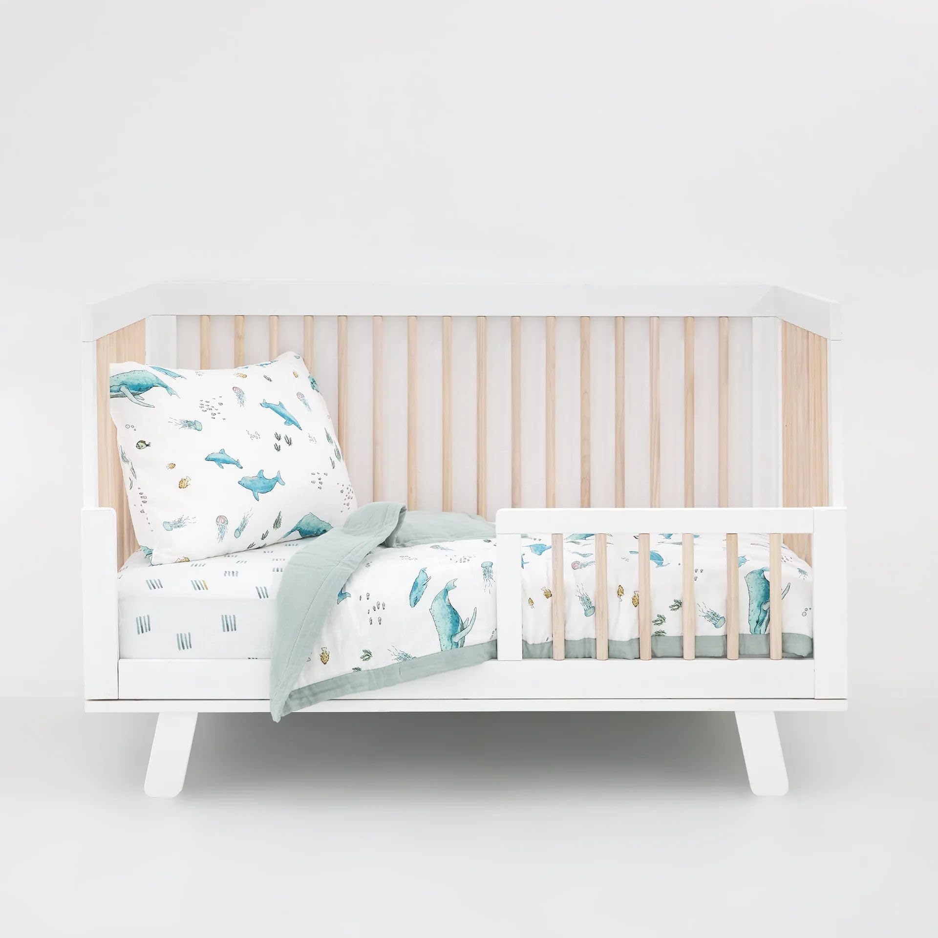 Little Unicorn Toddler Bedding 3-Piece Set | Includes Comforter, Crib Sheet &amp; Pillowcase | Soft &amp; Breathable Muslin Fabric | for Convertible Cribs &amp; Toddler Beds (Whales)