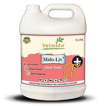 VETMIDO Mido-Liv Plus - Liver & Digestive Tonic for Cattle, Cow, Buffalo, Goat, Pigs, Poultry & Farm Animals - 5 LTR