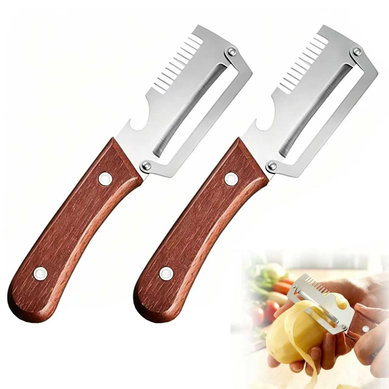 Multifunctional Vegetable Peeler for Kitchen, 3-in-1 Peeler & Bottle Opener & Julienne Peeler, Wooden Handle Peeler, Stainless Steel Kitchen Peeler, Zero Snag Wooden Peeler, for Kitchen Prep