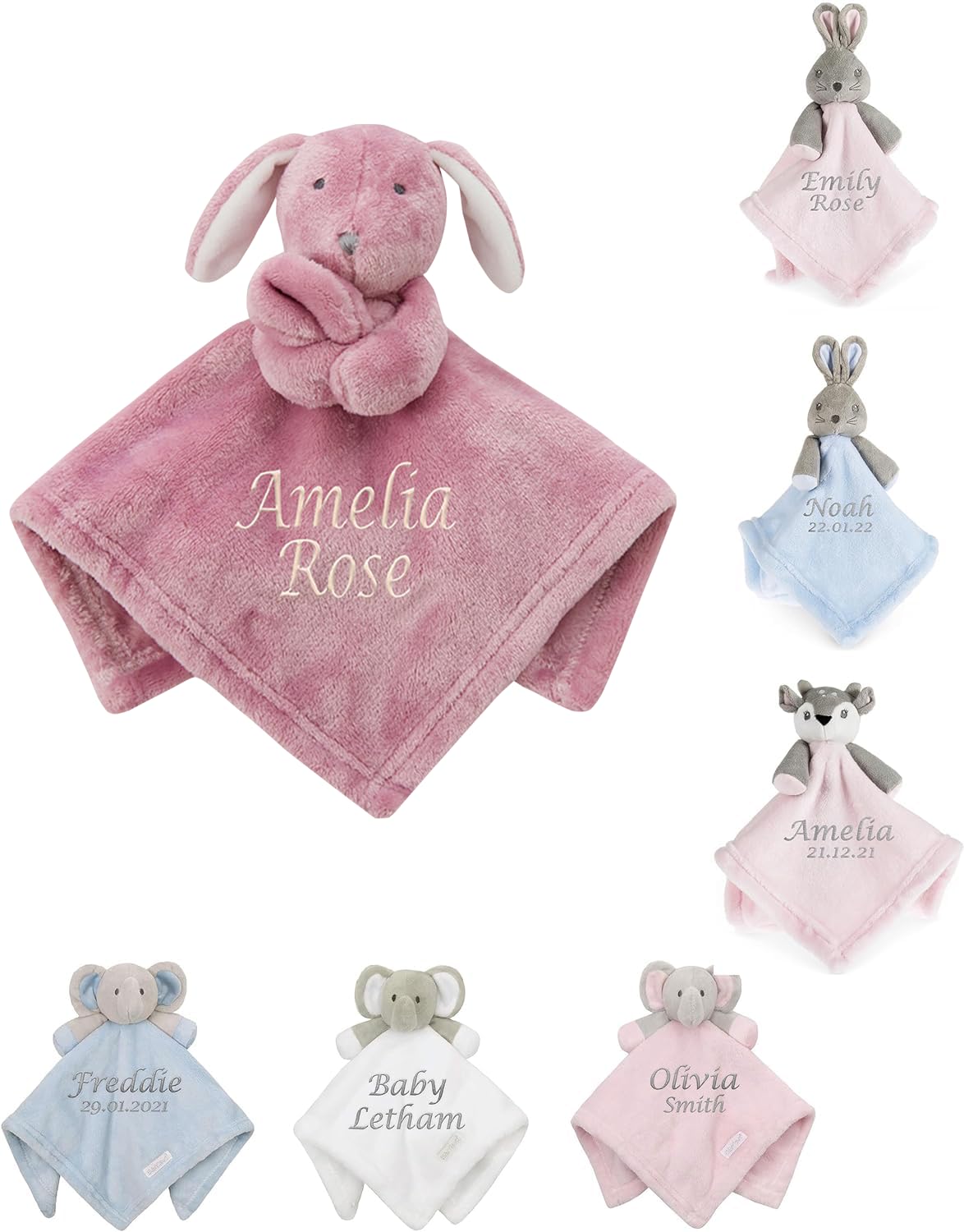 Hoolaroo Personalised Newborn Comforter Baby Teddy - Embroidered Comforter Bunny Toy Personalised Baby Gifts for Girls and Boys Presents Blanket 0-6 Months Dusky Pink