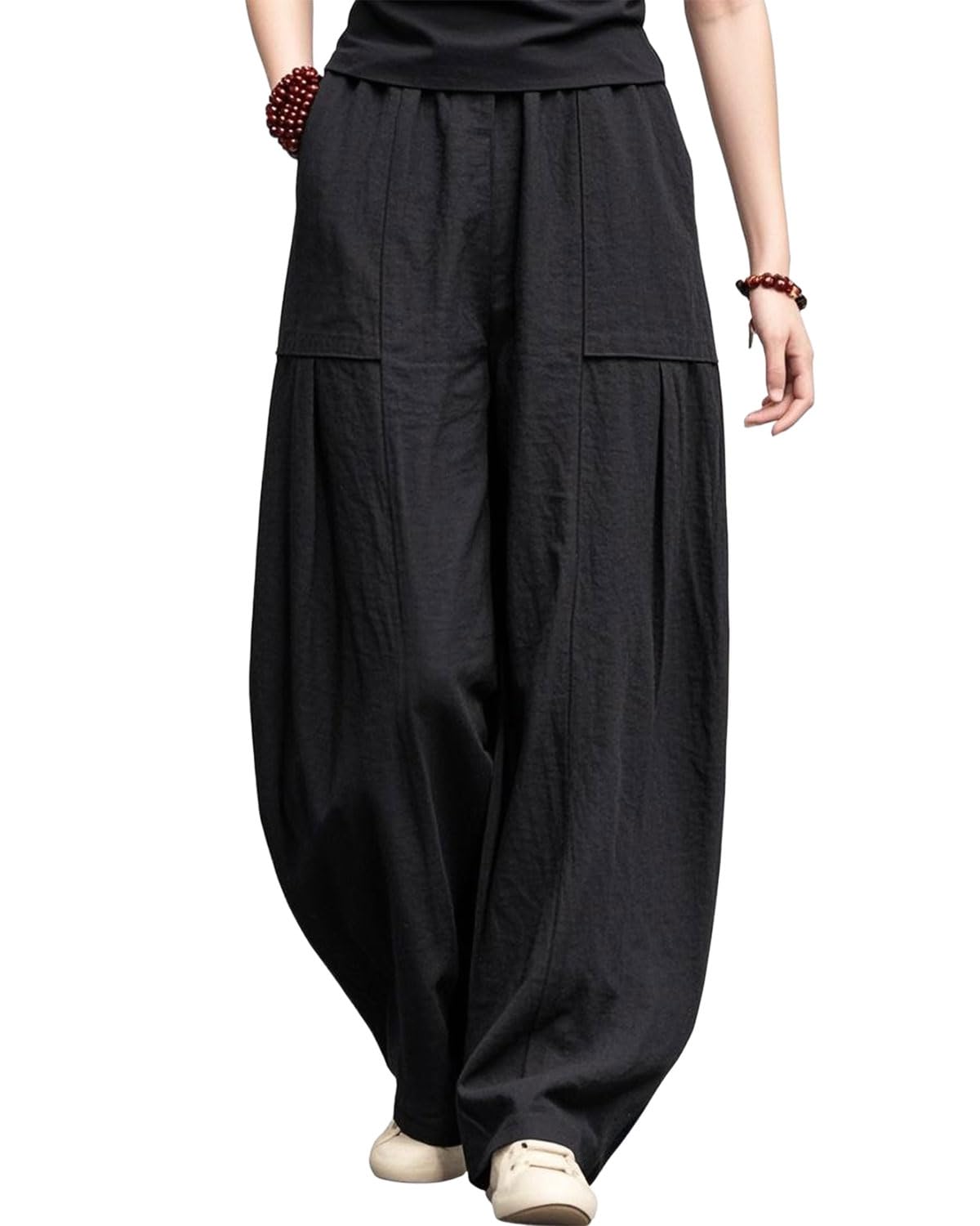 IXIMO Womens Linen Wide Leg Pants Casual Elastic Waist Loose Lantern Trousers Front Pockets