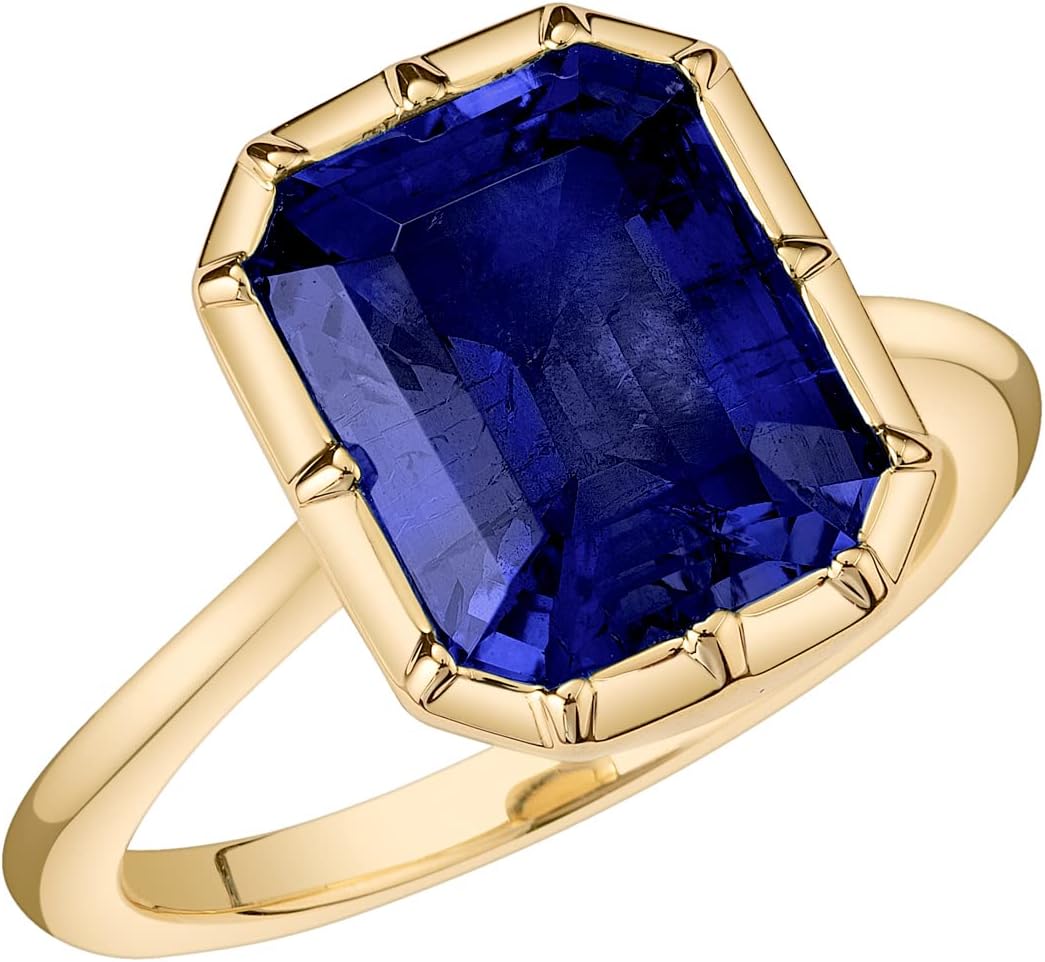 PEORA 14K Gold Created Blue Sapphire Ring for Women, Bezel Solitaire, 6.50 Carats, 11x9mm Emerald Cut, Sizes 4 to 10