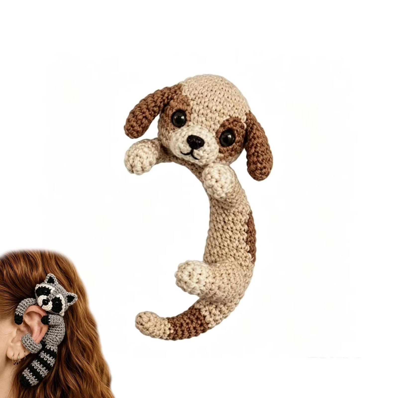 Crocheted Animal Ear Cuffs, Handmade Soft Knit Ears Hug Earrings Jewelry, Cute Raccoon Fox Cat Dog Ear Wrap Climber, No Piercing Costume Accessory Gift (#B)